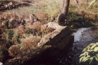 Fundamenty z kamienia polnego i element urzdzenia mynarskiego - resztki po rozebranym mynie